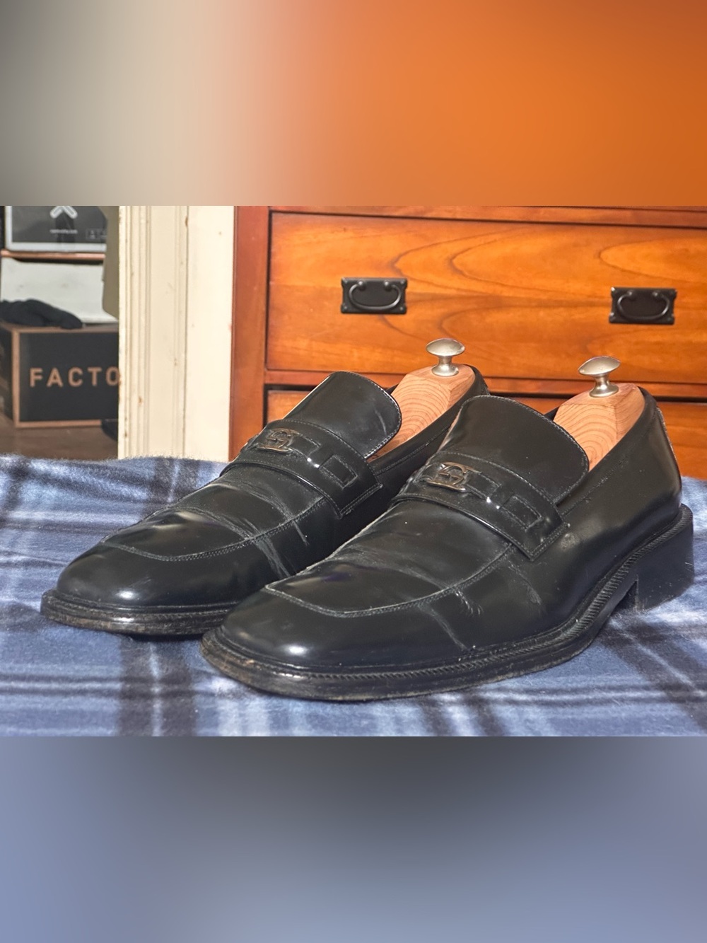 VTG Gucci Interlocking GG Black Leather Men's Dress Loafers Size 44.5 E 11 US